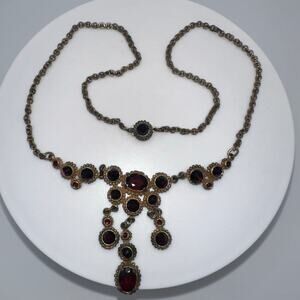 Antique Art Deco 1920s red burgundy Czech garnet glass brass swag necklace